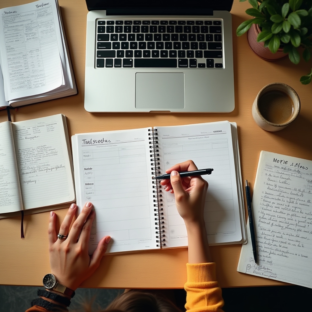 Student planujący harmonogram egzaminów przy kalendarzu i laptopie