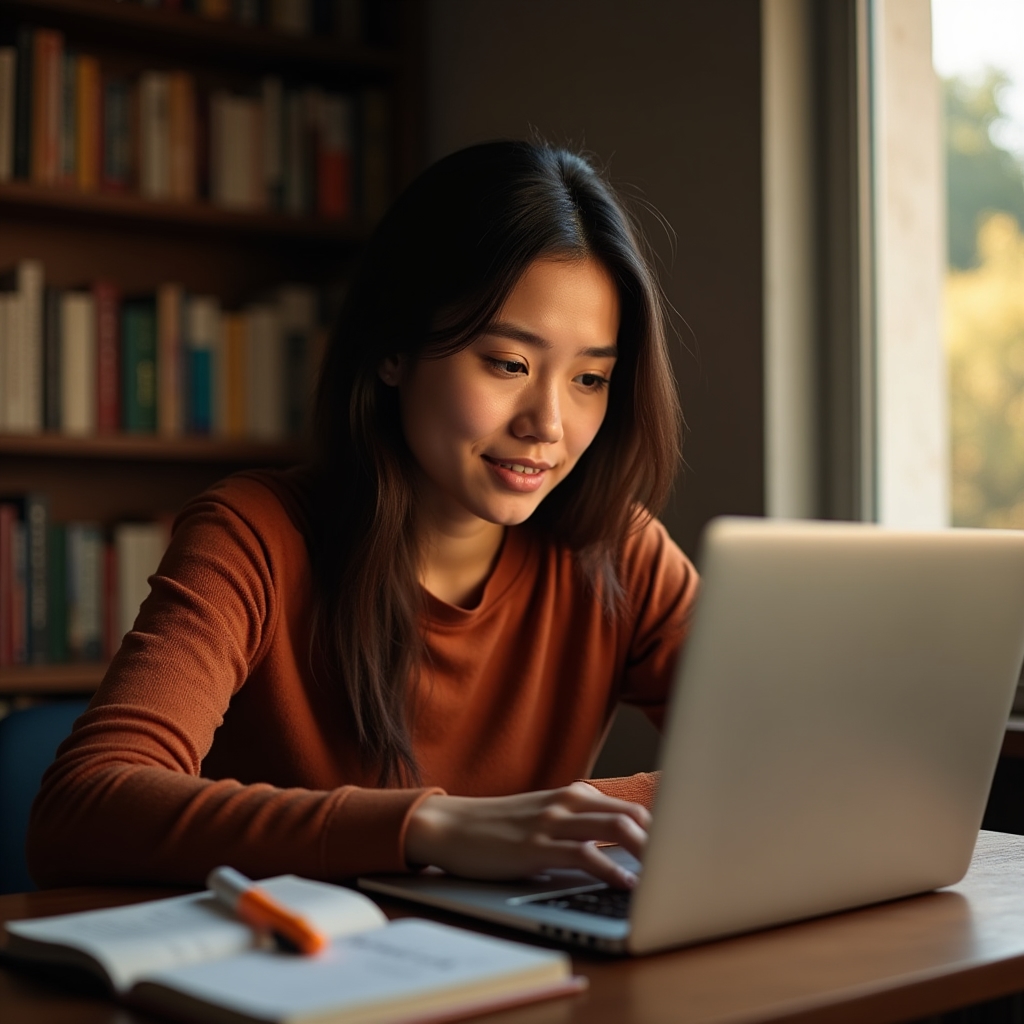 Student uczestniczący w spotkaniu online z notatkami na biurku