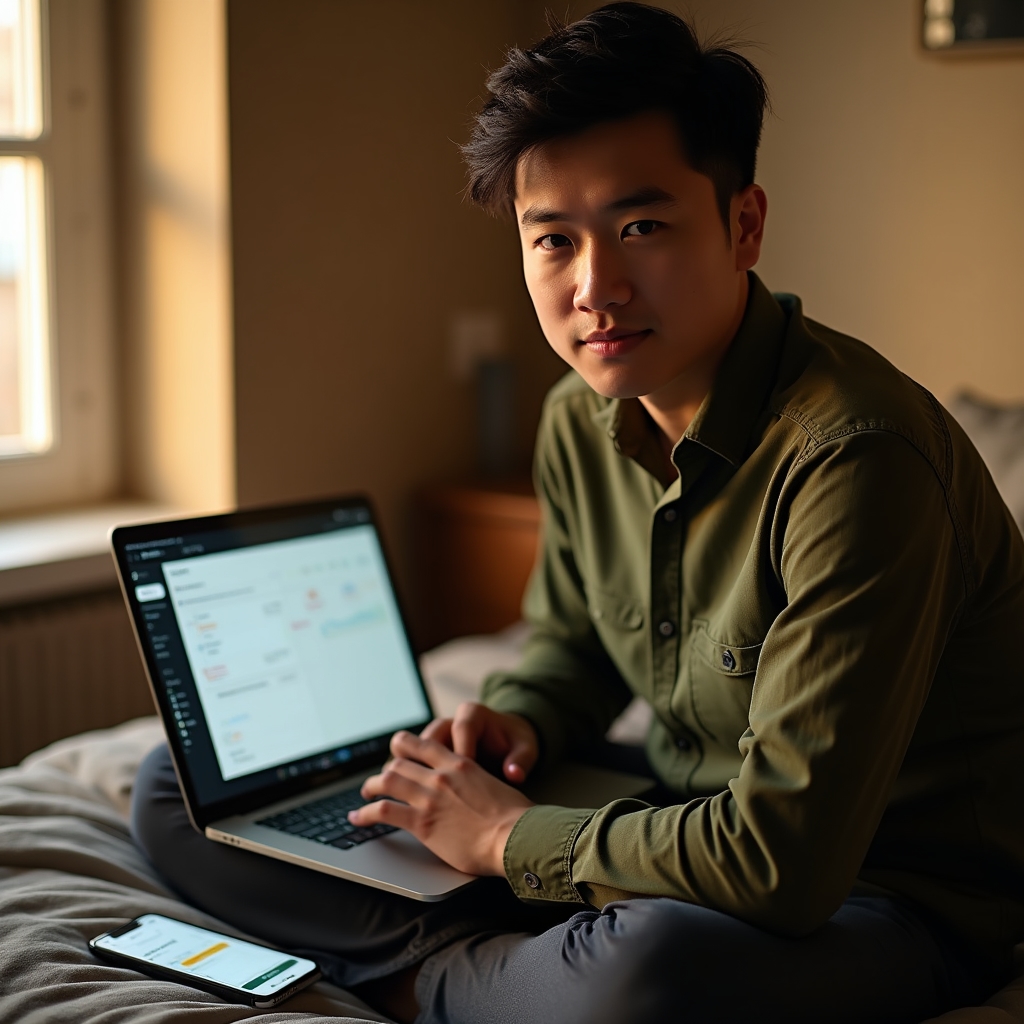 Student korzystający z aplikacji do planowania na laptopie i telefonie